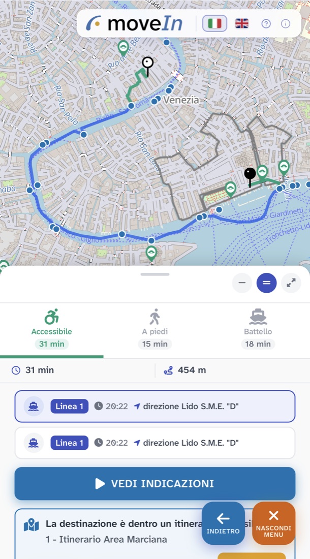 Schermata di moveIn: percorso accessibile sulla mappa di Venezia