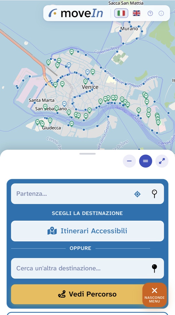 Schermata di moveIn: ricerca di una destinazione a Venezia